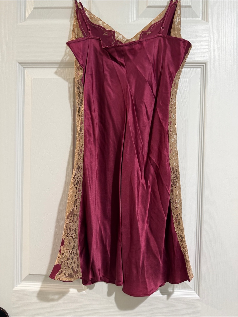 Leigh Bantivoglio -Cranberry Silk Chemise with Champagne Lace Trim - Picture 8 of 10